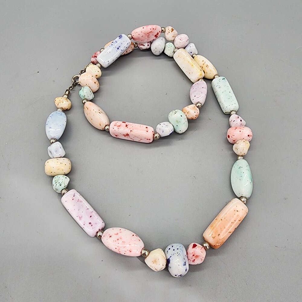 Vintage 24" Speckled Glass Bead Necklace Pastel Chunky Multicolor Retro